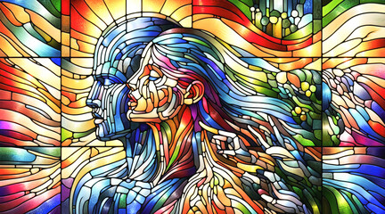  A vibrant, colourful stained glass artwork depicting a profile view of two human faces, with light refracting in a spectrum of colours.