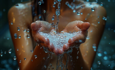 Fototapeta premium A woman is holding her hands under a stream of water. The water is falling in a way that it looks like it's coming from the woman's hands.