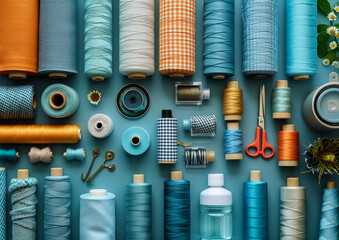 A colorful assortment of sewing supplies, including scissors, spools of thread, and other assorted items - obrazy, fototapety, plakaty