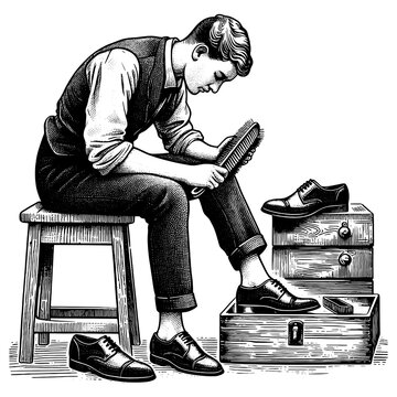 recommend clip art: young man shining shoes, seated beside a box of footwear sketch engraving generative ai fictional character PNG illustration. Scratch board imitation. Black and white image.