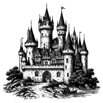 majestic medieval fantasy castle on rocky terrain sketch engraving generative ai fictional character PNG illustration. Scratch board imitation. Black and white image.