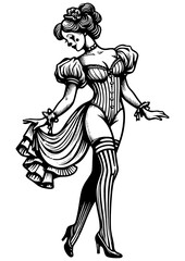 Obraz premium vintage pin-up clown girl wearing a corset and stockings, in a classic pose sketch engraving generative ai fictional character PNG illustration. Scratch board imitation. Black and white image.