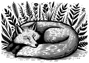 Obraz premium peaceful sleeping fox curled up in a lush forest setting with intricate foliage details sketch engraving generative ai PNG illustration. Scratch board imitation. Black and white image.