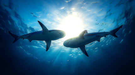Shark Swimming in the Blue Sea: Underwater Illustration of a White Shark, a Predatory Fish, in its...