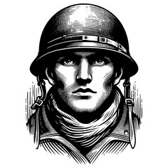 soldier portrait wearing a military helmet in a vintage engraving style sketch engraving generative ai fictional character PNG illustration. Scratch board imitation. Black and white image. - obrazy, fototapety, plakaty
