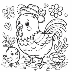 illustration of lineart design by childish style about holiday chicken for coloring book and poster design