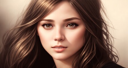 A young woman with long, wavy brown hair and piercing blue eyes.