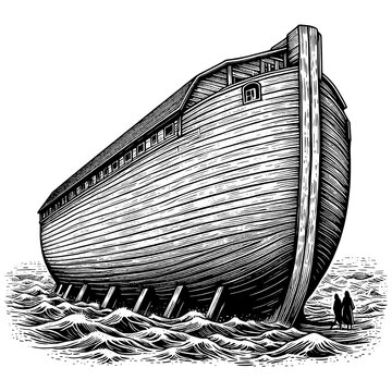 recommend clip art: Noah Ark, a biblical boat ship vessel, resting on water with two doves in the foreground sketch engraving generative ai PNG illustration. Scratch board imitation. Black and white image.