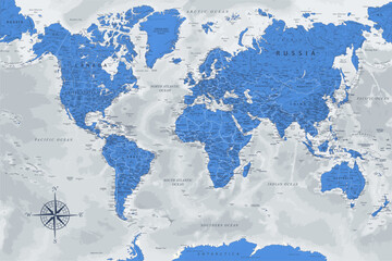 World Map - Highly Detailed Vector Map of the World. Ideally for the Print Posters. Deep Blue Colors. With Relief and Depth
