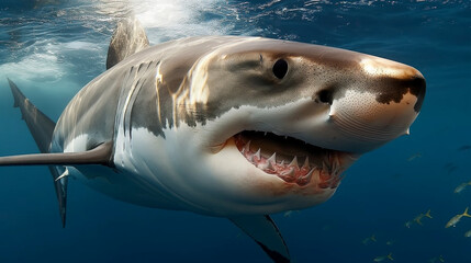 Naklejka premium Great White Shark Swimming in the Deep Blue Caribbean Waters