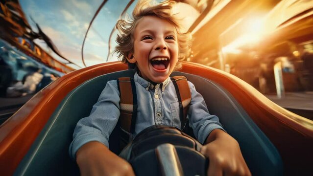 Slow Motion Video of a Joyful Boy on a Roller Coaster Ride at Amusement Park