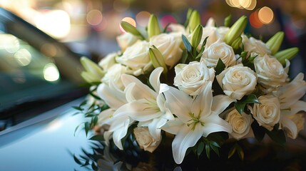 White Roses and Lilies in Hearse at Funeral - A somber scene captured with beauty and respect. - obrazy, fototapety, plakaty