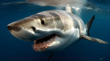 Fototapeta premium Great White Shark Swimming in the Deep Blue Caribbean Waters