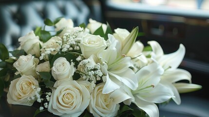 White Roses and Lilies in Hearse at Funeral - A somber scene captured with beauty and respect. - obrazy, fototapety, plakaty