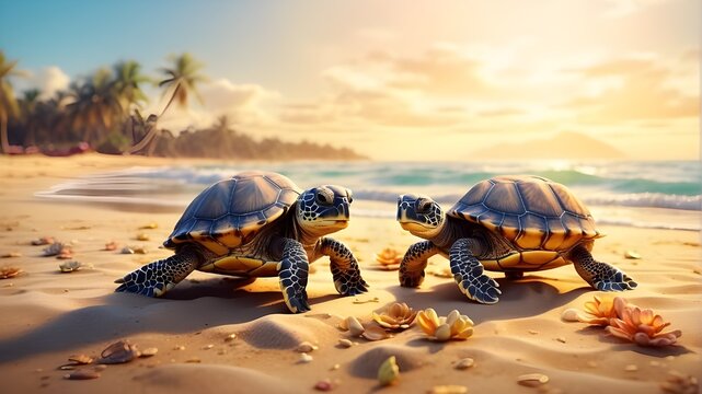  "Digital illustration depicting baby turtles on a sandy beach, embarking on their first journey to the sea, under the golden glow of sunlight, using a soft and dreamy art style to evoke a sense of wo