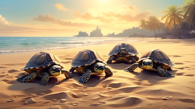  "Digital illustration depicting baby turtles on a sandy beach, embarking on their first journey to the sea, under the golden glow of sunlight, using a soft and dreamy art style to evoke a sense of wo