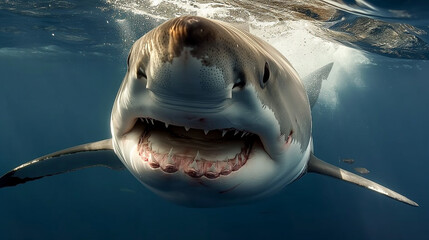 Great White Shark Swimming in the Deep Blue Caribbean Waters
