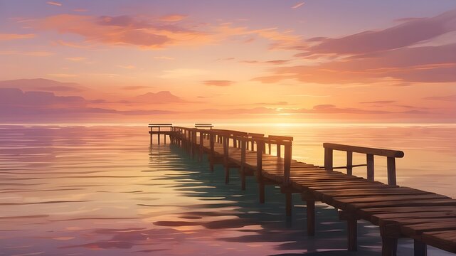 "Digital illustration depicting an old wooden pier extending into a tranquil sunset, with emphasis on the splendor of the sunset colors and the peaceful mood of the scene, inspired by impressionist ar