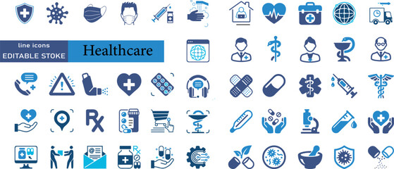 Healthcare icon set. Containing treatment, prevention, medical, health, diagnosis, report, illness, injury and more. Solid vector icons collection.