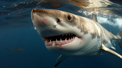 Naklejka premium Great White Shark Swimming in the Deep Blue Caribbean Waters