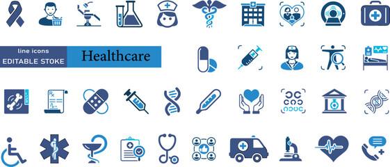 Healthcare icon set. Containing treatment, prevention, medical, health, diagnosis, report, illness, injury and more. Solid vector icons collection.