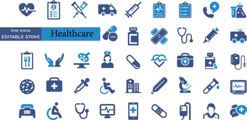 Healthcare icon set. Containing treatment, prevention, medical, health, diagnosis, report, illness, injury and more. Solid vector icons collection. - obrazy, fototapety, plakaty