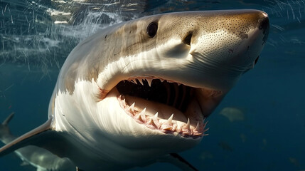 Obraz premium Great White Shark Swimming in the Deep Blue Caribbean Waters