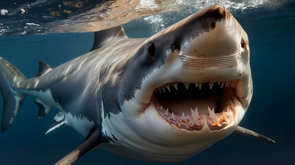 Naklejka premium Great White Shark Swimming in the Deep Blue Caribbean Waters