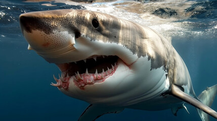 Naklejka premium Great White Shark Swimming in the Deep Blue Caribbean Waters