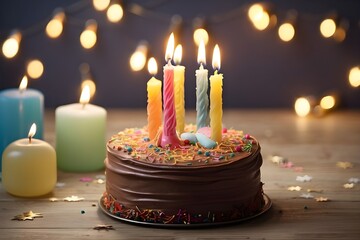 A well decorated birthday cake with illuminated candle ready to celebrate the birthday party - obrazy, fototapety, plakaty