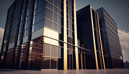 Modern office building concept 3d rendering closeup background. Modern sleek warehouse office building facility exterior architecture, steel, night, cloudy, Ai generated