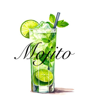 Glass of alcoholic cocktail with lime and mint on white background and black text "Mojito" on top of the picture, watercolor illustration.