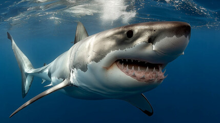 Naklejka premium Great White Shark Swimming in the Deep Blue Caribbean Waters