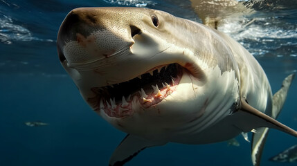 Naklejka premium Great White Shark Swimming in the Deep Blue Caribbean Waters