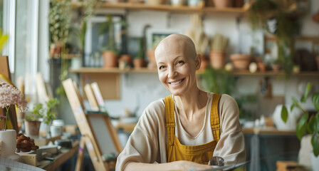 Portrait of beautiful bald woman working inside hand craft atelier - Powerful person and cancer concept - Model by AI generative - obrazy, fototapety, plakaty