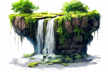 Waterfall in the forest. Digital watercolor painting. Vector illustration.