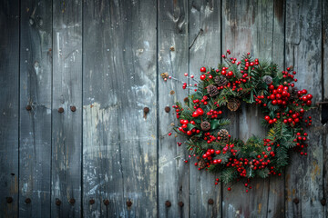 Christmas wreath on wooden background door.