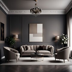 Luxury living room in dark color. Gray walls, warm light and lounge furniture - taupe chairs. Empty space for art or picture. Rich interior design. Mockup of a lounge room or hall reception. 3d render