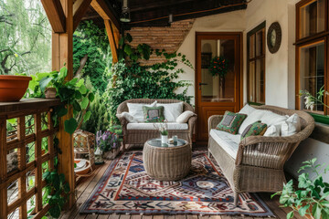 Fototapeta na wymiar Cozy terrace in country house or hotel in summer Interior design of patio in rural style.