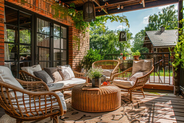 Fototapeta premium Cozy terrace in country house or hotel in summer Interior design of patio in rural style.