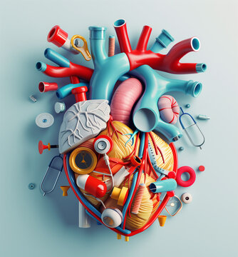 An illustration of an anatomical heart made from various medical tools and elements, symbolizing the care in cardiology

