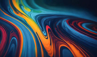 Beautiful abstraction red blue green yellow orange liquid paints in slow blending flow mixing together gently, abstract colorful background with wave paint splashes, ink splash and swirls backdrop - obrazy, fototapety, plakaty