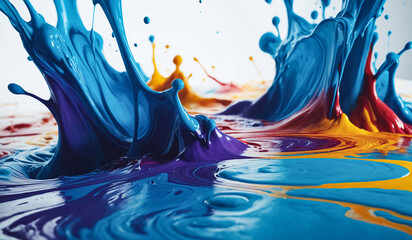 Beautiful abstraction of blue violet orange liquid paints in slow blending flow mixing together...