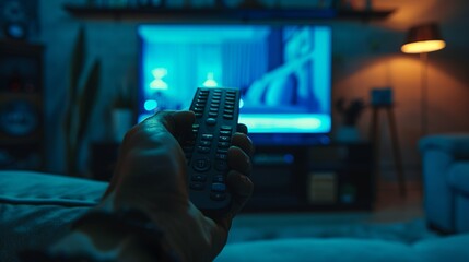 a hand with a remote in front of a tv to watch it