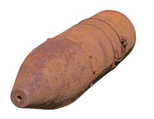 Old rusted World War II aerial bomb on white