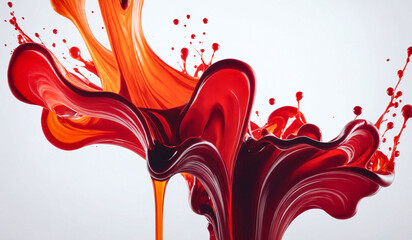 Beautiful abstraction of red liquid paints in slow blending flow mixing together gently, abstract background with red paint splashes, red ink splash on white isolated background