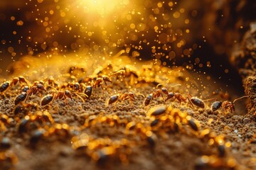 This image captures the glowing essence of ants illuminated by the setting sun as they navigate the sandy environment