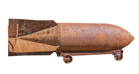 Old rusted World War II aerial bomb on white