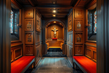 View of the confessional inside the church. - obrazy, fototapety, plakaty