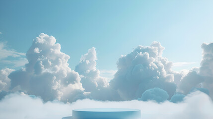 Cloud background, blue podium, 3D product, white sky showing abstract pastel scene. Geometric - obrazy, fototapety, plakaty